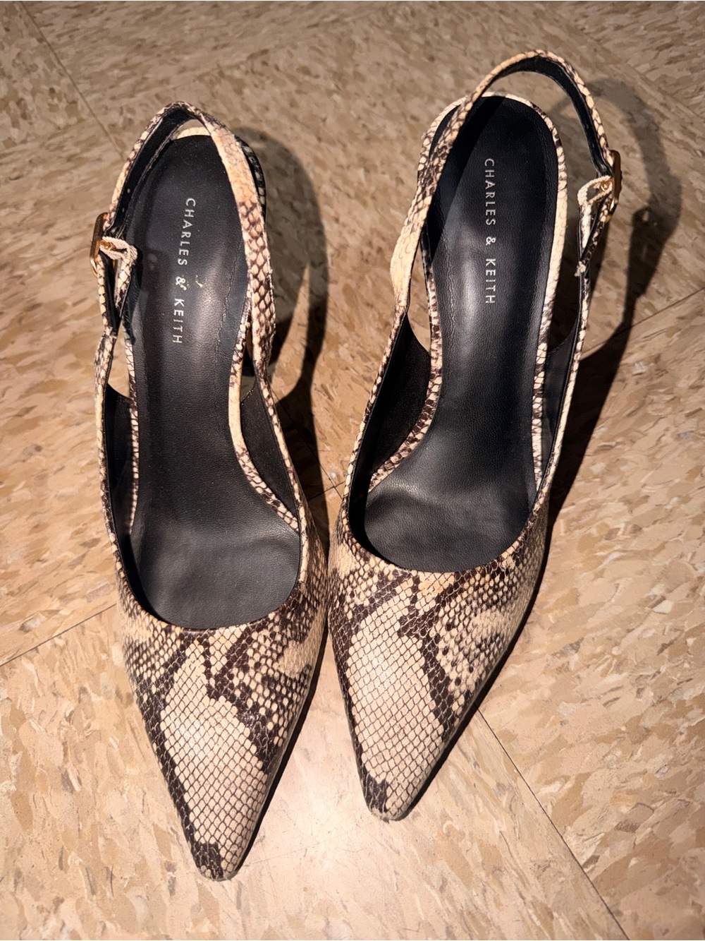 Charles & Keith Beige Snake-Print Pointed Slingbacks